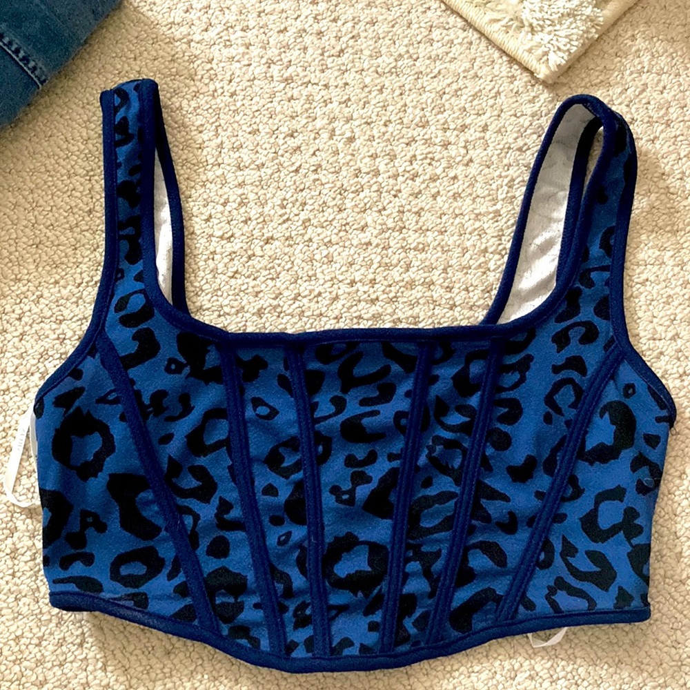 blue/black cheetah corset crop top